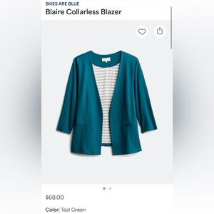 Skies Are Blue Teal Green Collarless Blazer
